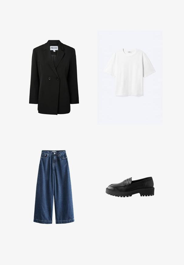 Pieces PCNOLINE LOOSE FIT - Blejzer - black; Biele tričko s krátkym rukávom, okrúhlym výstrihom a rovnou spodnou časťou, s označením "WEEKDAY" vo vnútri výstrihu.; Široké nohavice z tmavomodrého denimu s vysokým pásom, piatimi vreckami a viditeľnými švami. Bavlnená tkanina, ktorá poskytuje textúrovaný vzhľad.; Čierne kožené loafery s okrúhlym špičkou, zvýrazneným švom a masívnou gumovou podrážkou s hlbokým dezénom pre lepšiu trakciu.