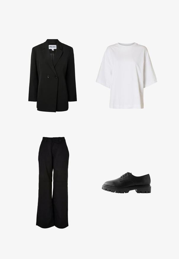Pieces PCNOLINE LOOSE FIT - Blejzer - black; Voľne strihané biele tričko s krátkym rukávom, spustenými ramenami a okrúhlym výstrihom na jednofarebnom pozadí.; Čierne široké nohavice s hladkou textúrou, dvoma prednými vreckami a bezšvovým pásom pre pohodlné nosenie.; Čierna kožená topánka s okrúhlou špičkou, šiestimi dierkami, plochými šnúrkami a robustnou gumovou podrážkou s hlbokým vzorom.