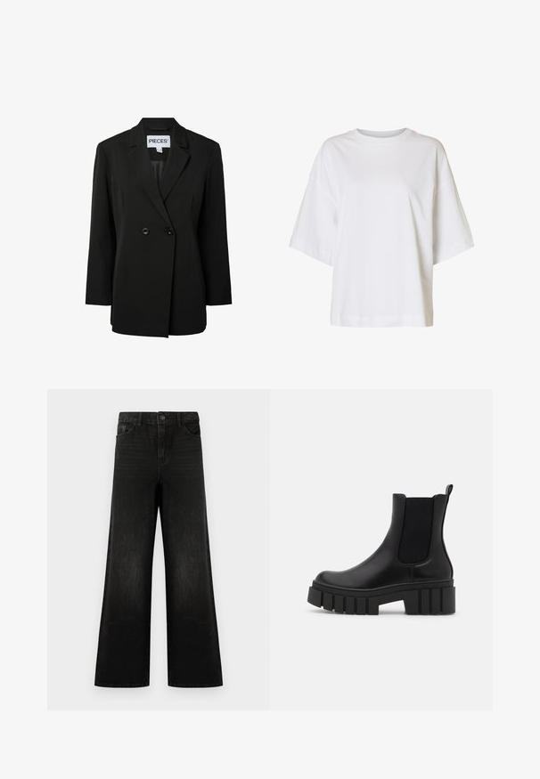 Pieces PCNOLINE LOOSE FIT - Bleiser - black; Lahtise lõikega valge lühikeste varrukatega T-särk koos allalangenud õlgade ja ümmarguse kaelusega ühtlasel taustal.; Mustad laiad teksapüksid, mis on valmistatud denimist, ees on nööp sulgemine, vöökonksud ja neli taskut, sile tekstuur ning kerge pleekinud välimus.; Mustast nahast Chelsea-saabas paksu soonilise platvormtalda ja elastsete külgpaneelidega, esitatud ühevärvilise heleda tausta ees.