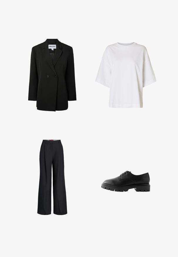 Pieces PCNOLINE LOOSE FIT - Blejzer - black; Voľne strihané biele tričko s krátkym rukávom, spustenými ramenami a okrúhlym výstrihom na jednofarebnom pozadí.; Čierne široké spoločenské nohavice s opaskovými pútkami a predným zapínaním na zips, zobrazené na bielom pozadí.; Čierna kožená topánka s okrúhlou špičkou, šiestimi dierkami, plochými šnúrkami a robustnou gumovou podrážkou s hlbokým vzorom.