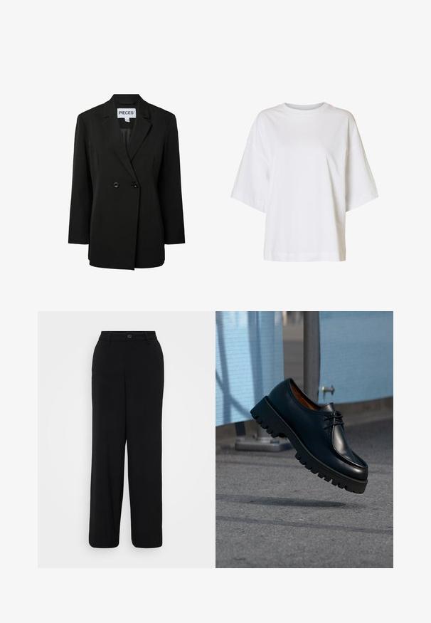 Pieces PCNOLINE LOOSE FIT - Σακάκι - black; Άσπρο T-shirt με χαλαρή εφαρμογή, κοντά μανίκια, ελαφρώς κατεβασμένους ώμους και στρογγυλή λαιμόκοψη σε μονόχρωμο φόντο.; Μαύρο παντελόνι σε γραμμή φαρδιάς ποδιάς από λείο ύφασμα. Διαθέτει ζώνη με κούμπωμα κουμπιού και λεπτομέρειες με πτυχώσεις μπροστά.; Μαύρο δερμάτινο παπούτσι με χοντρή σόλα που αιωρείται πάνω από γκρι πλακόστρωτο με μπλε κατασκευαστικά εμπόδια στο φόντο.
