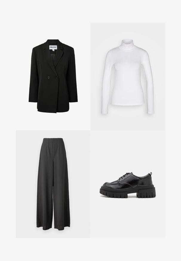 Pieces PCNOLINE LOOSE FIT - Blejzer - black; Biela dlhá rukáv turtleneck košeľa vyrobená z hladkej, pružnej látky. Má priliehavý strih a vysoký golier. Bez viditeľných vzorov alebo akcentov.; Čierne nohavice širokého strihu vyrobené z hladkej textílie, s vysokým pásom a skladaným dizajnom pre zvýšenú textúru a rozmer.; Čierne kožené šnurovacie topánky s okrúhlou špičkou, hrubou čiernou platformou a drsnom textúrou. Obsahujú očká a zadný úchyt.