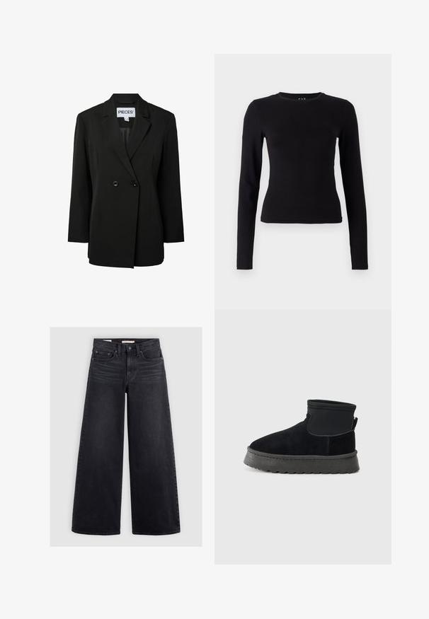 Pieces PCNOLINE LOOSE FIT - Blazer - black; Zwarte lange mouwen top van zacht, lichtgewicht katoen. Aansluitend ontwerp met een ronde hals en rechte zoom, zonder zichtbare patronen of accenten.; Zwart denim met wijde pijpen, met een hoge taille, vijf zakken en subtiele vervaging aan de voorkant.; Zwarte suède enkellaars met een gevoerde kraag, elastische zijpanelen en een dikke, gestructureerde zwarte rubberen zool. Over het algemeen een gladde textuur.
