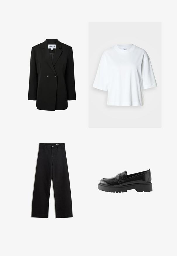 Pieces PCNOLINE LOOSE FIT - Blazer - black; Hvid cropped t-shirt med korte ærmer, rund halsudskæring, lavet af blødt bomuldsmateriale, med et enkelt og rent design.; Sorte wide-leg denim bukser med høj talje, der har front- og baglommer, syede sømme og en knaplukning. Glat tekstur.; Sorte lakerede loafers har en lav platformssål med en robust træd og en quiltet detalje over midtfoden.