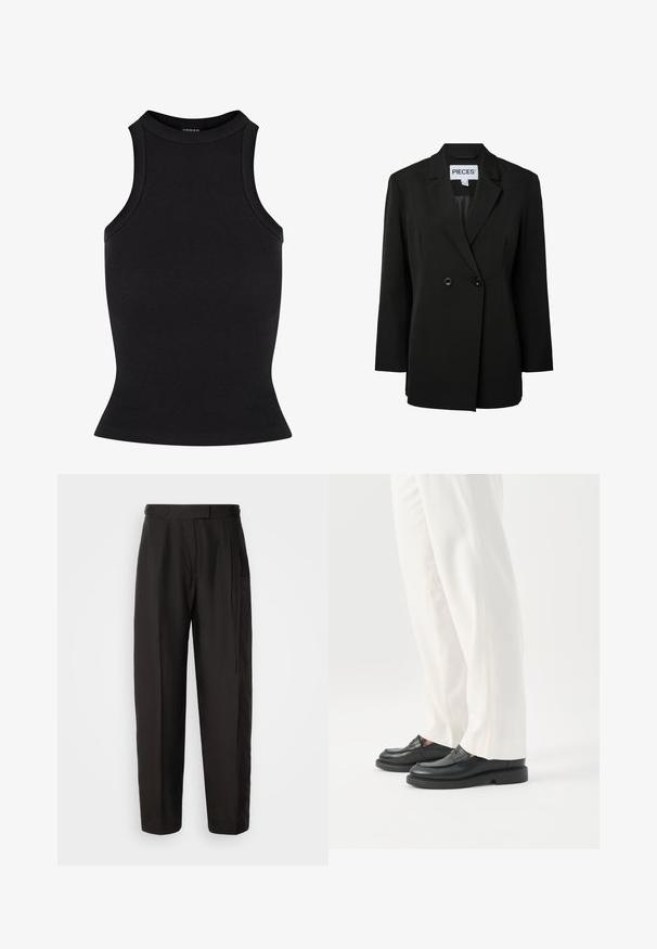 Pieces PCNOLINE LOOSE FIT - Σακάκι - black; Μαύρο ριγέ tank top με υψηλή λαιμόκοψη και εφαρμοστή σιλουέτα. Λείο υλικό χωρίς ορατά διακοσμητικά στοιχεία ή σχέδια.; Μαύροι προσαρμοσμένοι παντελόνες από λείο ύφασμα, με ίσια γραμμή, πτυχώσεις μπροστά και κουμπί στο ύψος της μέσης.; Άτομο που φοράει λευκό παντελόνι ραμμένο στα μέτρα του και μαύρα δερμάτινα μοκασίνια στέκεται σε λευκό φόντο.
