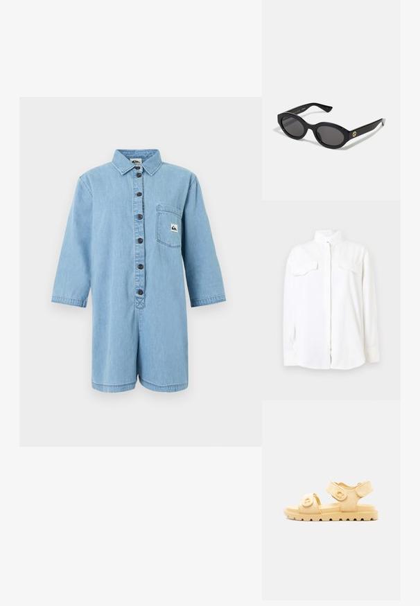Chemise blanche à manches longues avec boutons, deux poches poitrine et col montant, présentée sur un fond blanc uni.; Combinaison courte en denim bleu clair avec manches longues, fermeture à boutons sur le devant, col et poche poitrine avec écusson du logo de la marque.; Sandale beige à bout ouvert avec deux brides ajustables à Velcro et une semelle texturée pour une meilleure adhérence, vue de profil sur un fond uni.; Lunettes de soleil ovales noires avec des verres sombres et une monture en plastique brillant. Présente un logo doré sur la branche, offrant un design épuré et moderne.