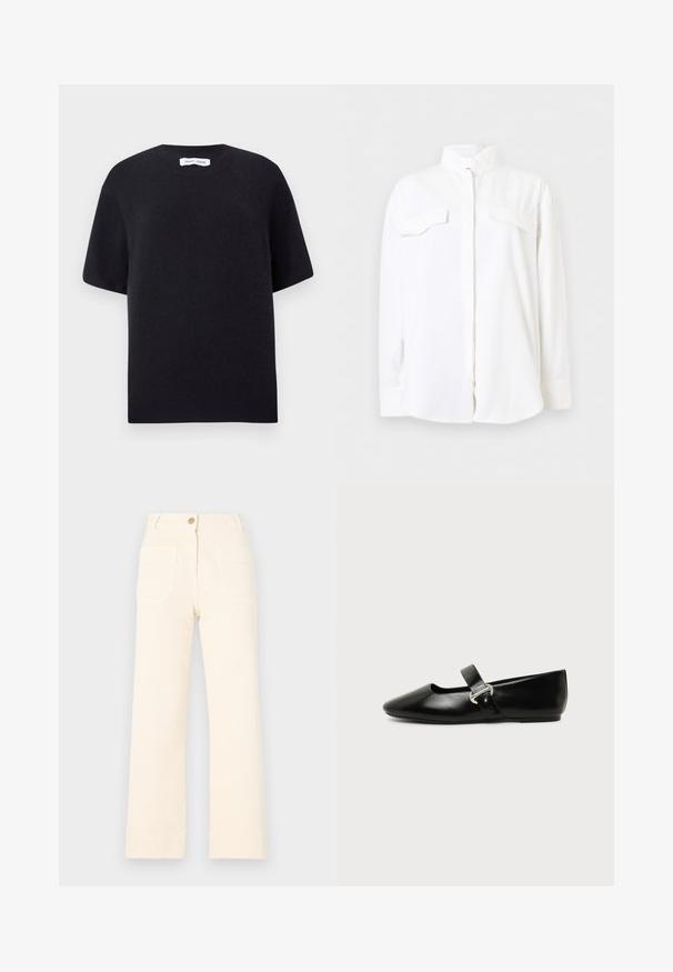 Chemise blanche à manches longues avec boutons, deux poches poitrine et col montant, présentée sur un fond blanc uni.; Pull court en maille noire à manches courtes avec un col rond et un ourlet côtelé. Texture lisse avec une coupe décontractée. Design minimaliste.; Pantalons larges beiges en coton avec fermeture à bouton à l'avant et deux grandes poches arrière. Texture lisse et ourlet fini.; Chaussure plate Mary Jane en cuir noir avec bout arrondi et bride à boucle argentée sur fond uni.