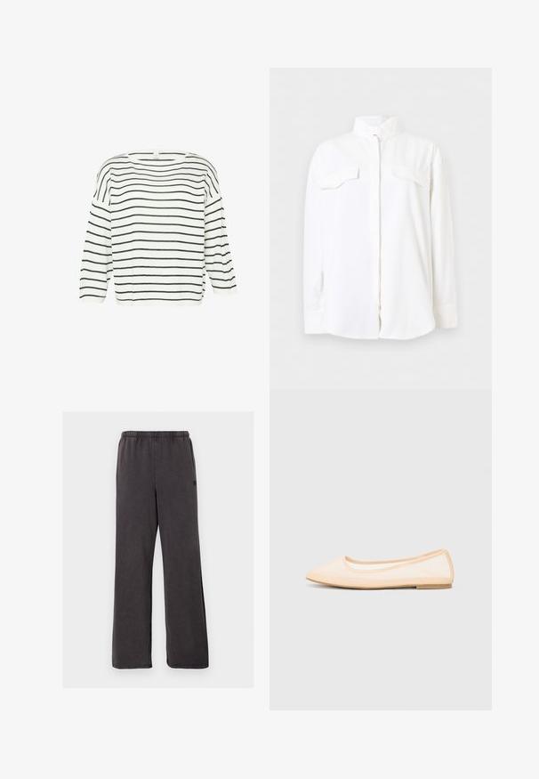 Chemise blanche à manches longues avec boutons, deux poches poitrine et col montant, présentée sur un fond blanc uni.; Haut en tricot blanc avec des rayures horizontales noires, décolleté large et manches trois-quarts. Coupe simple et décontractée, texture lisse. Pas de matériel visible.; Pantalon de survêtement gris foncé à coupe ample avec taille élastique, jambes droites et poches latérales discrètes visibles sur fond blanc.; Ballerines beiges avec un bout pointu, une semelle plate et un dessus en maille translucide. Agrémentées de coutures simples le long des bords.