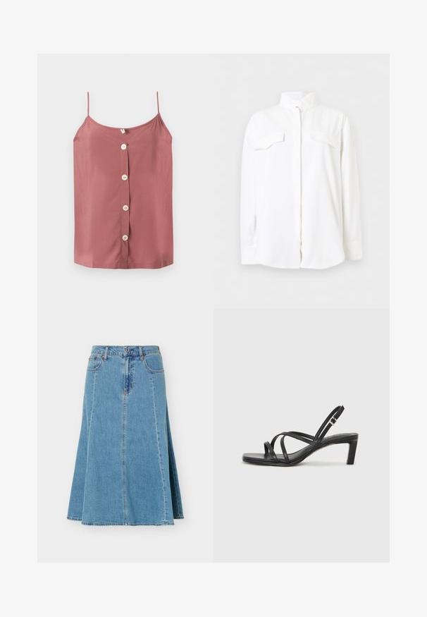 Chemise blanche à manches longues avec boutons, deux poches poitrine et col montant, présentée sur un fond blanc uni.; Caraco sans manches couleur vieux rose avec fines bretelles et quatre boutons blancs au centre devant sur un fond uni.; Jupe en jean bleu coupe trapèze avec fermeture devant par bouton et zip, poches avant et arrière, et coutures verticales visibles.; Sandale noire à lanières avec un bout carré et un petit talon bloc. Elle présente plusieurs fines lanières et une sangle de cheville ajustable. Fabriquée en cuir lisse.