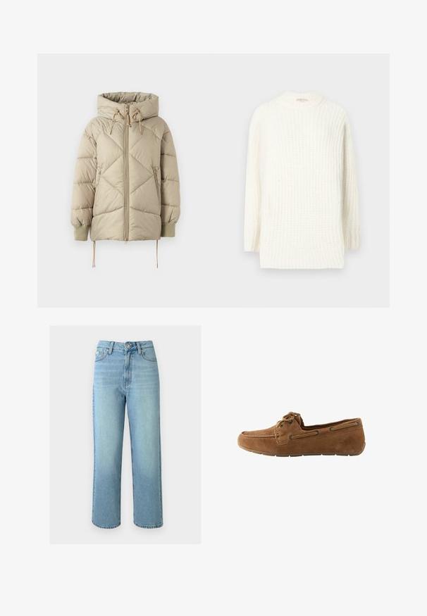Lys beige pufferjakke med hætte, med et diagonalt quiltet mønster, frontlynlås, snor detaljer og ribbede manchetter.; Chunky strikket sweater i off-white. Har en høj halsudskæring, lange ærmer og et tekstureret mønster. Blødt, hyggeligt stof med ribbede kanter.; Lyseblå højttaljede jeans med lige ben, med knap og lynlås foran, bæltestropper samt lommer foran og bagpå, isoleret på hvid baggrund.; Brune ruskind loafers med rund tå, snøredetalje og metaløjer. Fleksibel gummisål med en tekstureret overflade for bedre greb.