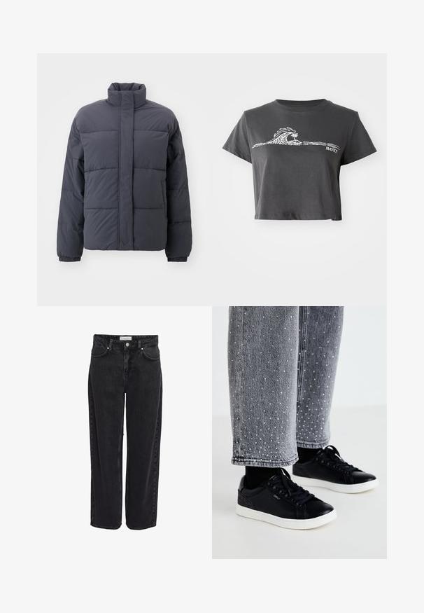 Doudoune gris foncé avec un col montant, présentant un design matelassé, des poignets élastiques et sans fermetures visibles. Tissu doux et texturé.; T-shirt noir chiné court avec un graphisme de vague stylisée, un palmier et le texte "ROXY" sur le devant.; Jean en denim noir taille haute, coupe large, avec cinq poches et fermeture éclair. Texture lisse avec détails de couture minimaux visibles.; Baskets en cuir noir avec semelles en caoutchouc blanc et accents texturés. Associées à un jean en denim gris orné de points argentés embellis.