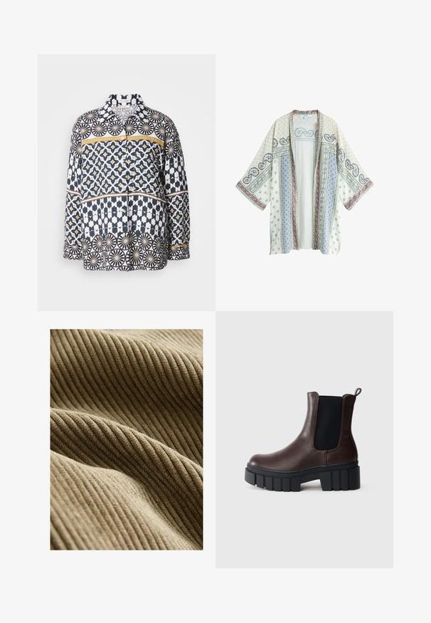 Lysecreme kimono med brede ærmer prydet med paisley- og geometriske mønstre i afdæmpede blå, lyserøde og grønne farver, åben front uden knapper.; Langærmet skjorte i bomuld med et geometrisk mønster i navy, hvid og gul. Har krave og knaplukning foran.; Brunt ribbet stof med en blød, tekstureret overflade, der viser lodrette linjer og skaber dybde med lette variationer i farven.; Brune læder ankelstøvler med elastiske sidepaneler, struktureret sort sål og en kraftig hæl. Har en kæde bagpå for nem påtagning.