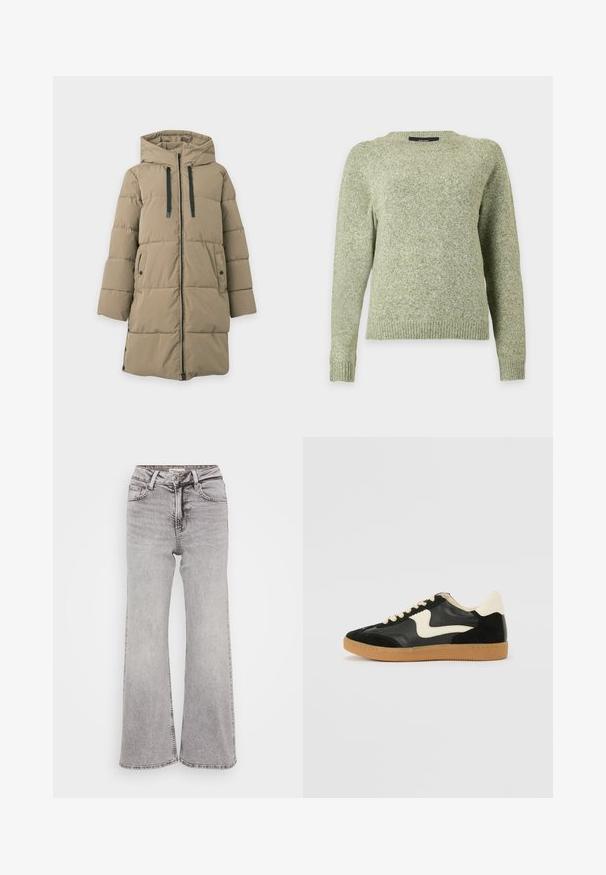 Beige lange donsjapon met capuchon, ritssluiting aan de voorkant, zwarte trekkoorden, zijdetails met drukknopen en twee voorzakken op een effen achtergrond.; Lichtgroene gebreide trui met ronde hals, lange mouwen en geribbelde boorden en zoom, getoond op een effen achtergrond.; Grijze wijde spijkerbroek van denim, met een klassiek vijf-pocket ontwerp, knoopsluiting en subtiele vervaging voor textuur.; Zwarte suède en leren sneaker met een crèmekleurige zij-swoosh en lichte crèmekleurige hiel. Voorzien van beige veters en een gumrubberen zool.