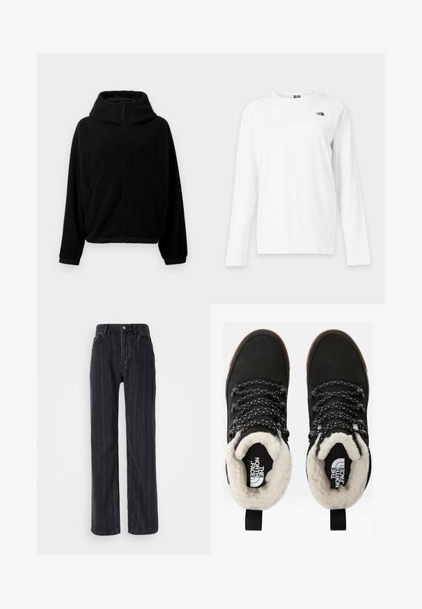 Zwarte fleecejack met volle ritssluiting aan de voorkant, hoge kraag, lange mouwen, elastische manchetten en twee zijzakken.; Wit shirt met lange mouwen en ronde hals met klein zwart The North Face-logo op de linkerborst.; Hoge taille zwarte denim jeans met een verticale streepjespatroon, rechte pasvorm en een metalen knoopsluiting aan de voorkant.; Zwarte waterdichte enkellaarsjes met een faux fur voering, textuurovereenkomst, wit en zwart gestreepte veters, en een trekhaak bij de hiel.