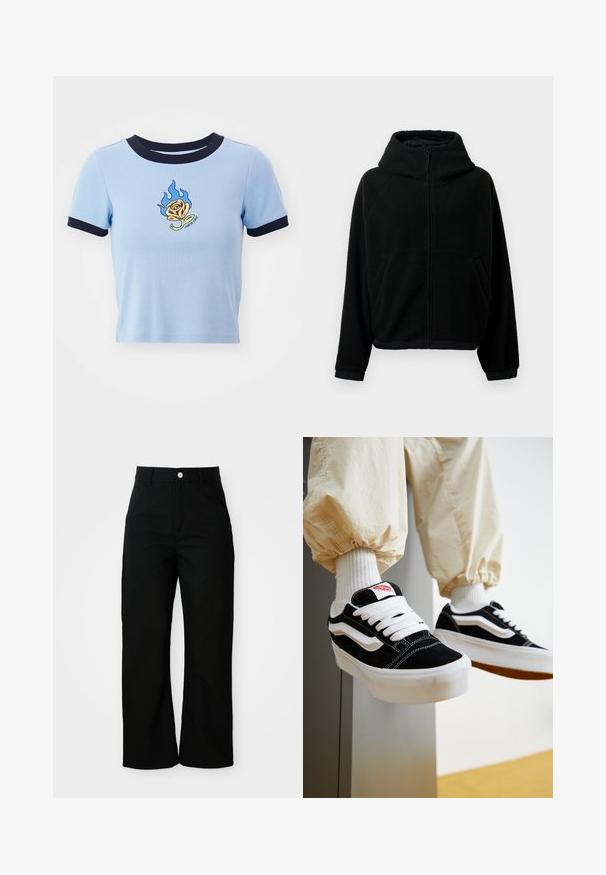 Mustat fleece-takit, joissa on täysi etuvetoketju, korkea kaulus, pitkät hihat, elastiset hihansuut ja kaksi sivutaskua.; Vaaleansininen lyhythihainen crop-top, jossa on tummansininen ribbikaulus. Sisältää liekkikirjaillun keltaisen ruusun ja tekstiä sen alla. Pehmeä kankaan rakenne.; Mustat korkeavyötäröiset suorat housut etutaskuilla, vyölenkeillä ja hopeisella nappikiinnityksellä valkoista taustaa vasten.; Henkilö, joka käyttää mustavalkoisia Vans-tennareita valkoisilla nauhoilla, valkoisia sukkia ja beigenvärisiä housuja, joissa on joustavat resorit.