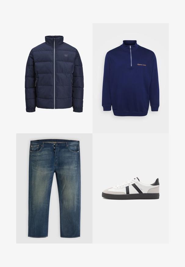 Marine pufferjack met hoge kraag, doorgestikt ontwerp, voorrits en twee met rits afsluitbare zijzakken. Zachte, gladde textuur.; Marineblauwe half-rits sweatshirt van zachte stof. Heeft een hoge kraag, geribbelde boorden en "Originals Studio" geborduurd in contrastkleur.; Blauwe denim jeans met knopenfly, klassiek vijf-pocket ontwerp en vervaagde details op de dijen en knieën.; Witte sneaker met zwarte en grijze accenten, voorzien van een grijze neus met textuur, zwarte rubberen zool en platte witte veters. Schoon ontwerp, minimalistische stijl.