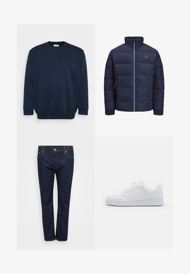 Veste matelassée navy avec un col haut, design quilté, fermeture éclair frontale et deux poches latérales zippées. Texture douce et lisse.; Sweatshirt bleu marine en mélange de coton doux, avec un col rond, des manches longues et des poignets et ourlet côtelés. Design minimaliste sans motifs.; Jean en denim bleu foncé à jambe droite, avec des coutures visibles en jaune contrasté, cinq poches et une fermeture à bouton à l'avant.; Baskets blanches en matière synthétique lisse, avec des lacets plats, une pointe perforée et une semelle en caoutchouc dotée d'un motif de grip texturé.