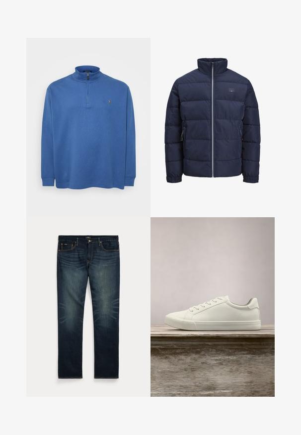 Marineblå pufferjakke med høj krave, quiltet design, frontlukkede lynlås og to lynlåslommer i siderne. Blød, glat tekstur.; Blå zip-up pullover lavet af blødt stof med lange ærmer, høj krave og et lille logo på brystet. Struktureret design hele vejen igennem.; Mørkeblå denimjeans med subtil falming på forreste lår og orange syninger, med knap- og lynlåslukning samt fem lommer.; Hvide snørresneakers svævende over en træbænk med grønne planter i baggrunden, der fremhæver skodesign og tekstur.