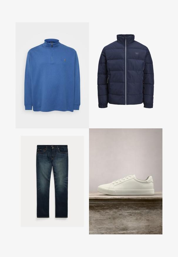 Marineblå pufferjakke med høj krave, quiltet design, frontlukkede lynlås og to lynlåslommer i siderne. Blød, glat tekstur.; Blå zip-up pullover lavet af blødt stof med lange ærmer, høj krave og et lille logo på brystet. Struktureret design hele vejen igennem.; Mørkeblå denimjeans med lige ben, subtil falmning nær knæene og orange syninger på lommer og sømme.; Hvide snørresneakers svævende over en træbænk med grønne planter i baggrunden, der fremhæver skodesign og tekstur.