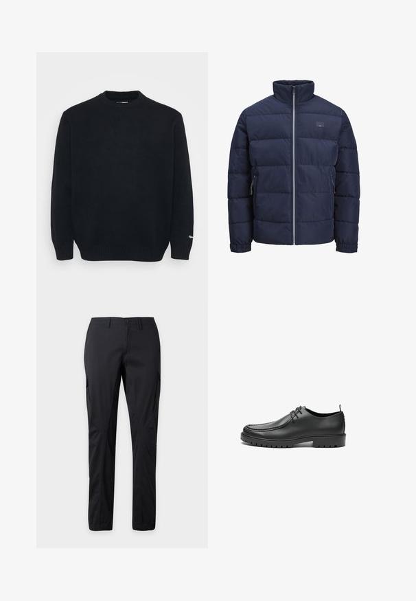 Marineblaue Steppjacke mit hohem Kragen, gequilten Design, frontalem Reißverschluss und zwei mit Reißverschluss versehenen Seitentaschen. Weiche, glatte Textur.; Schwarzer, gestrickter Rundhalspullover mit langen Ärmeln sowie gerippten Bündchen und Saum, auf einem schlichten hellen Hintergrund präsentiert.; Schwarze Cargo-Hose mit geradem Bein, Knopfverschluss, Gürtelschlaufen, seitlichen Klappentaschen und elastischen Bündchen.; Schwarze Lederschuhe mit glatter Oberfläche, runder Zehenform und dekorativer Naht. Mit einer Gummisohle mit Traktionsrillen und Schnürdesign.