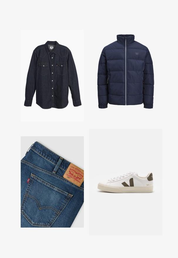Marineblå pufferjakke med høj krave, quiltet design, frontlukkede lynlås og to lynlåslommer i siderne. Blød, glat tekstur.; Mørk denim langærmet skjorte med spids krave, to brystlommer, hvide knapper og kontrastfarvet gul syning. Glat, holdbart stof.; Baglomme og linning på blå Levi's 502 jeans med lædermærke og rød Levi's stofmærkat.; Hvide læder sneakers med en lys beige gummisål. Har en brun ruskinds V-logo og hælflap. Snørret lukning med en struktureret overflade.