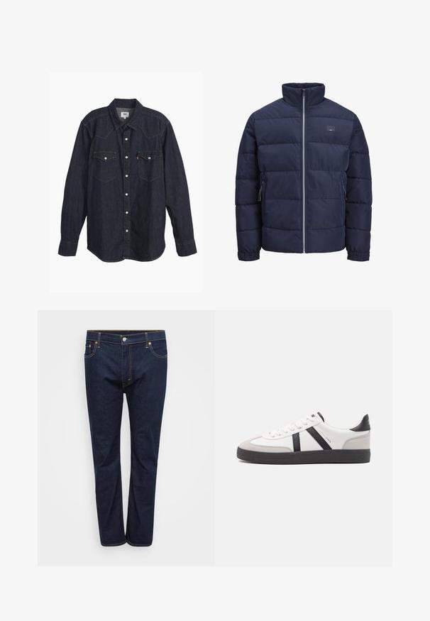 Marineblaue Steppjacke mit hohem Kragen, gequilten Design, frontalem Reißverschluss und zwei mit Reißverschluss versehenen Seitentaschen. Weiche, glatte Textur.; Dunkelblauses Denim-Hemd mit langen Ärmeln und spitzem Kragen, zwei Brusttaschen, weißen Knöpfen und kontrastierendem gelbem Stich. Glattes, robustes Material.; Dunkelblaue Denim-Jeans mit geradem Bein, sichtbar abgenäht in kontrastierendem Gelb, fünf Taschen und einem vorderen Knopfverschluss.; Weiße Sneaker mit schwarz- und grau-aczenten, ausgestattet mit einer strukturierten grauen Zehenkappe, schwarzer Gummi-Sohle und flachen weißen Schnürsenkeln. Sauberes Design, minimalistische Stil.