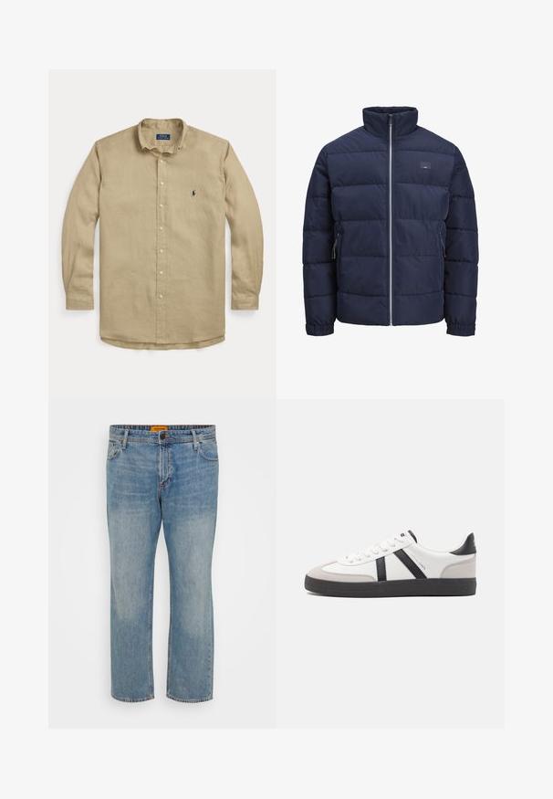 Marineblå pufferjakke med høj krave, quiltet design, frontlukkede lynlås og to lynlåslommer i siderne. Blød, glat tekstur.; Beige langærmet skjorte med knapper, krave, forreste knapper og lille mørkeblå broderet logo på venstre bryst.; Lyseblå denim jeans med lige ben, der har fem lommer, knaplukning og orange mærke på taljebåndet.; Hvide sneakers med sorte og grå detaljer, med en tekstureret grå tåhætte, sort gummisål og flade hvide snørebånd. Rent design, minimalistisk stil.