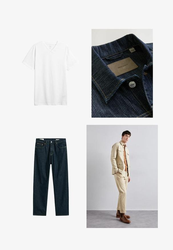 Jeanshemd aus einem dunkelblauen, strukturierten Stoff mit Kragen, einem Lederetikett mit der Aufschrift "DENIM SUPPLY" und einem silbernen Druckknopf.; Weißes kurzärmliges V-Ausschnitt-T-Shirt aus Baumwolle. Verfügt über einen lässigen Schnitt und eine glatte Textur ohne sichtbare Muster oder Grafiken.; Dunkelblaue Jeans aus Denim mit vorderem Knopf und Reißverschluss, fünf Taschen und kontrastierenden orangen Nähten.; Beige Baumwolljacke mit zwei Brusttaschen über einem braunen Hemd und passenden beigen Hosen. Braune Lederstiefeletten runden das Outfit ab.