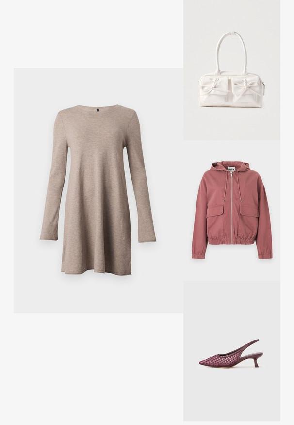 Støvet rosafarvet hættetrøje med lynlås, snore i hætten, elastiske manchetter og kant samt to store lårlommer med klap, vist mod en hvid baggrund.; Langærmet A-linje kjole i beige, lavet af blød stof med rund halsudskæring. Har en løs pasform og tapered ærmer.; Lilla slingback kitten heel sko med spids tå og mesh overdel pyntet med små perlebesætninger.; Hvid syntetisk håndtaske med to forlommer, hver med en bundet sløjfedetalje. Glat tekstur, afrundede håndtag og lynlås lukning.