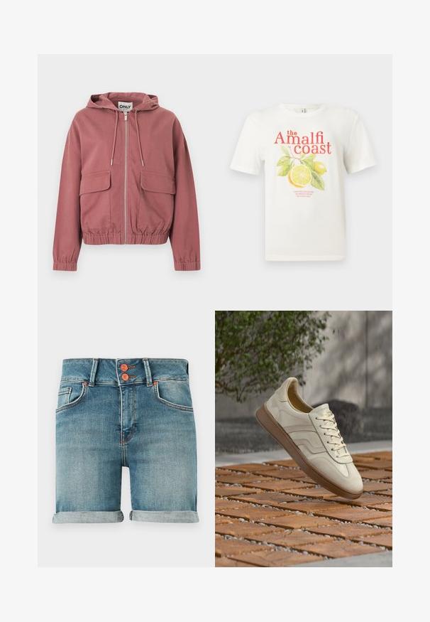 Sweat à capuche zippé couleur rose poussiéreux avec cordons de serrage, poignets et ourlet élastiqués, et deux grandes poches à rabat à l'avant, présenté sur fond blanc.; T-shirt blanc à manches courtes avec le texte "the Amalfi coast" et un graphisme de fruit de citron et de feuilles vertes sur le devant.; Shorts en denim bleu avec ourlets roulés, double bouton en cuivre, poches avant et passants pour ceinture sur un fond uni.; Baskets couleur crème avec une semelle extérieure en caoutchouc beige texturée, un design à lacets et un marquage subtil sur le côté. Tige en cuir lisse.