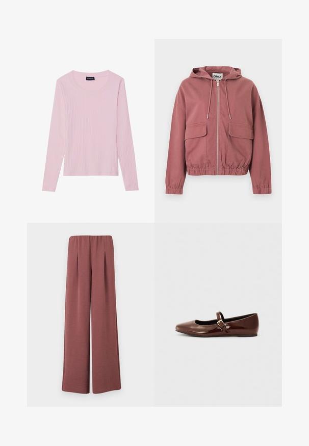 Sweat à capuche zippé couleur rose poussiéreux avec cordons de serrage, poignets et ourlet élastiqués, et deux grandes poches à rabat à l'avant, présenté sur fond blanc.; Haut à manches longues côtelé rose pâle avec un col rond et une silhouette ajustée. Fabriqué en tissu doux et texturé. Design minimaliste, sans motifs.; Pantalon à jambes larges en tissu texturé rose poussiéreux avec une taille élastique et des plis à l'avant, présenté sur un fond uni.; Ballerine en cuir verni marron avec un bout carré et une lanière ornée d'une petite boucle dorée. Texture lisse, talon bas et design minimaliste.