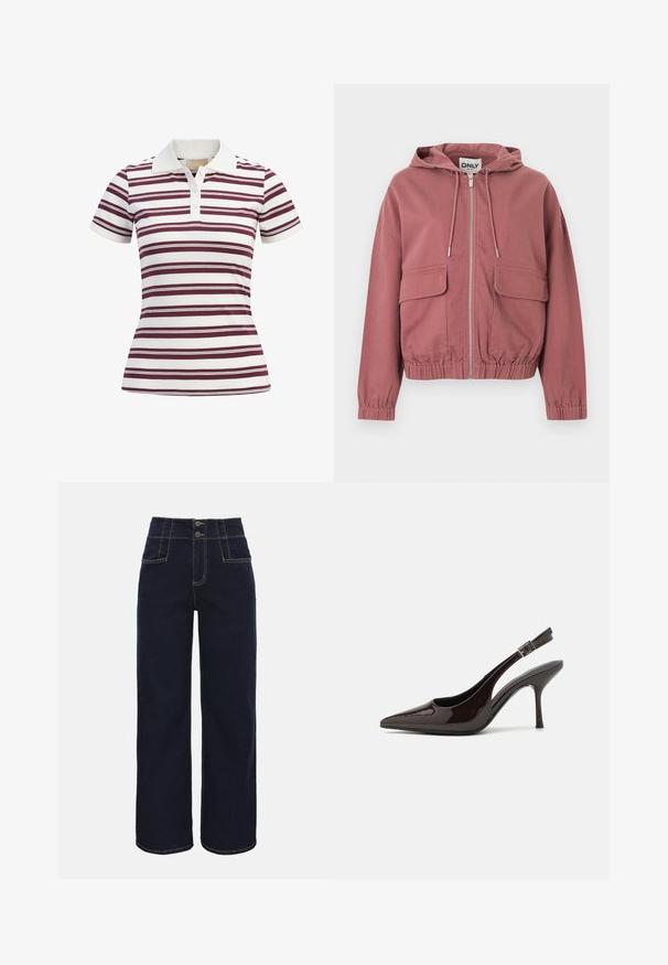 Støvet rosafarvet hættetrøje med lynlås, snore i hætten, elastiske manchetter og kant samt to store lårlommer med klap, vist mod en hvid baggrund.; Kortærmet polo-shirt med vandrette maroon- og hvide striber, lavet af blødt stof med klassisk krave og tre-knaps lukning.; Mørkeblå jeans med højtaljede, vide ben, to forlommer, og dobbelte knapper med lynlåslukning.; Slingback højhælet sko i glat mørkebrun patenteret læder, spids tå, åbne sider og justerbar ankelrem.