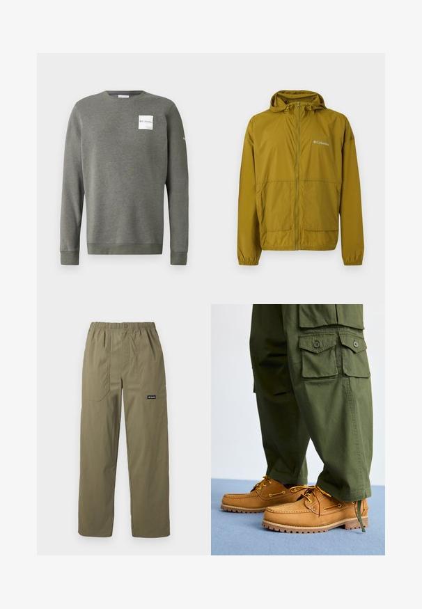 Lichtgewicht olijfgroene Columbia windbreaker jas met ritssluiting aan de voorkant, capuchon, elastische manchetten en twee voorzakken.; Olijfgroene sweatshirt van zacht materiaal, met een ronde hals, lange mouwen en een rechthoekig wit logo op de voorkant.; Olijfgroene broek met rechte pijpen, elastische tailleband, voorzakken met opgestikte zakken, knoopsluiting en Columbia-logo op de rechterzak.; Timberland AUTHENTIC 3 EYE - Bootschoenen - wheat