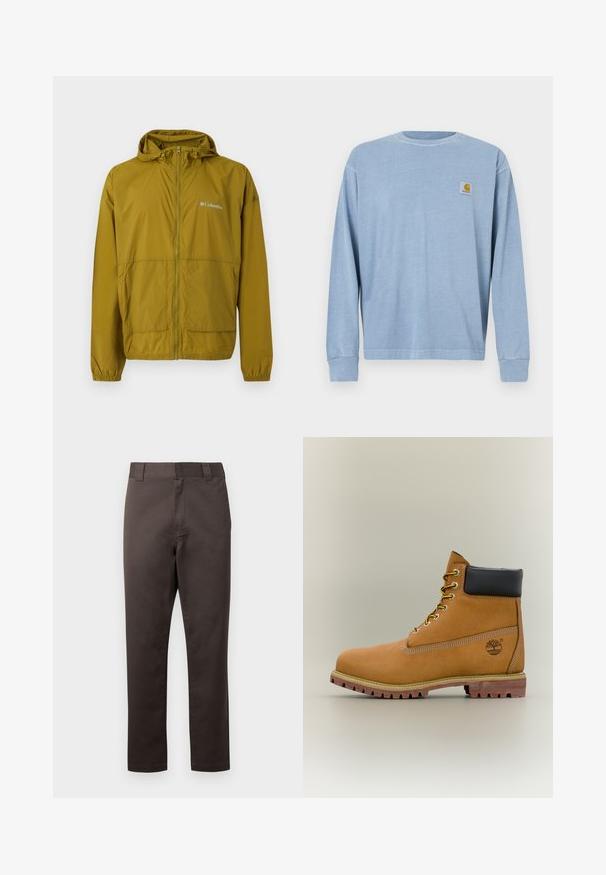 Veste coupe-vent légère Columbia vert olive avec fermeture éclair à l'avant, capuche, poignets élastiques et deux poches avant.; Chemise bleu clair à manches longues en tissu doux, avec un col rond, des poignets côtelés et un petit patch logo sur la poitrine gauche.; Chinos en coton marron avec une coupe droite, poches avant, passants pour ceinture, et une texture lisse. Aucun motif ou accent visible.; Bottine en cuir marron avec col noir, lacets jaunes et semelle beige. Présente un logo et des détails de couture blanche. Semelle extérieure à traction robuste.