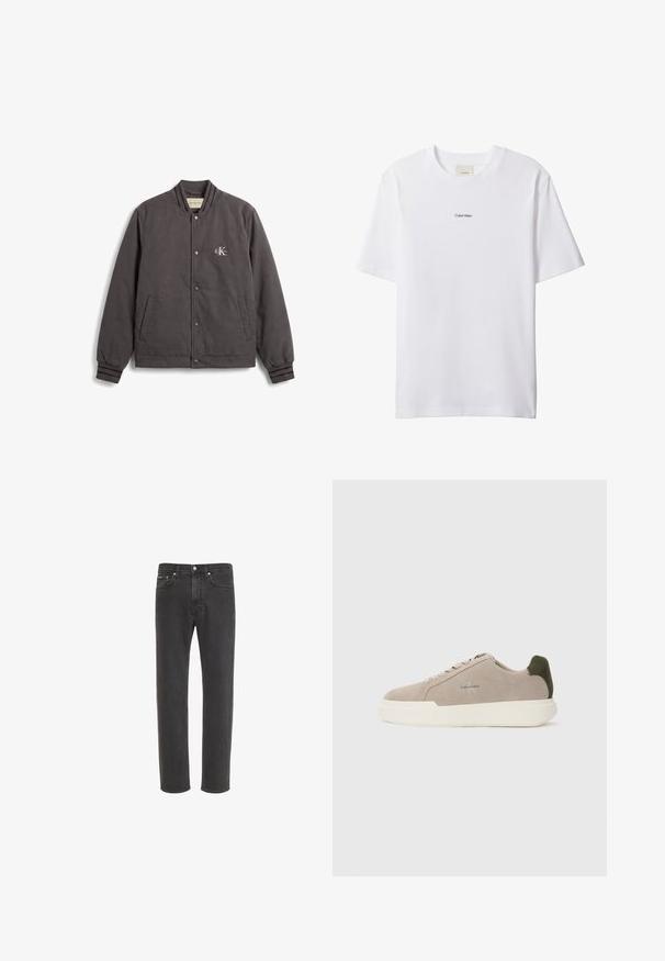 Tmavosivá bomber bunda na gombíky s rebrovaným golierom a manžetami, dvoma prednými vreckami a malým logom Calvin Klein na ľavom hrudníku.; Biele bavlnené tričko s okrúhlym výstrihom a krátkymi rukávmi. Na hrudi uprostred je malý čierny nápis "Calvin Klein".; Čierne rifle s rovnými nohavicami z denimu s zapínaním na predné gombíky a zips, predné a zadné vrecká, zobrazené na bielom pozadí.; Béžové semišové tenisky s bielou gumovou podrážkou, zdobené tmavozeleným akcentom na päte a jemným brandingom na boku.