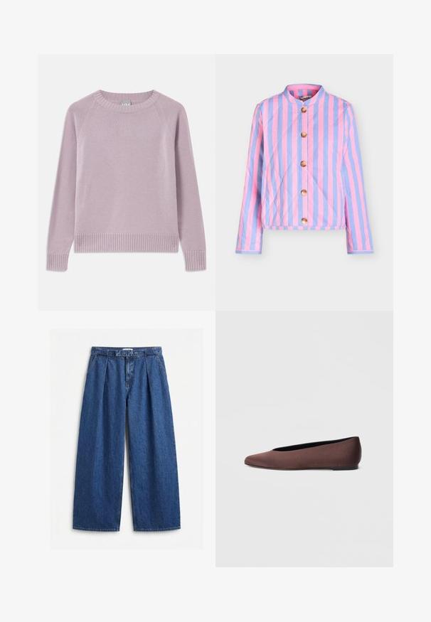 Chaqueta acolchada de manga larga con rayas verticales en rosa y morado, cuello redondo y cinco grandes botones marrones en la parte delantera.; Suéter de punto lila claro con dobladillo y puños acanalados, mangas raglán y escote redondo. Textura suave y diseño sin costuras.; Pantalones de mezclilla azules de corte ancho y cintura alta, con pliegues delanteros, trabillas y cinturón de tela a juego.; Zapatillas de ballet de tela marrón con punta puntiaguda y textura suave, con parte trasera baja y suela negra fina. Sin patrones visibles ni elementos metálicos.