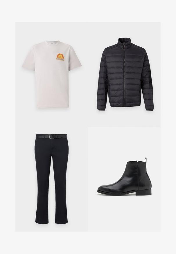 Sort quiltet dunjakke med vandrette syninger, forlynlås, høj krave og lynlåslommer i siden på en ensfarvet baggrund.; Lysegrå bomulds T-shirt med rund hals, der har et farverigt "Lone Château Replay" grafik i orange og blå på brystet.; Sorte bomuldsblandede bukser med lige ben, der har en flad front, bæltestropper og et sort læderbælte. Glat tekstur og uden synlige mønstre.; Zign LEATHER - Støvletter - black