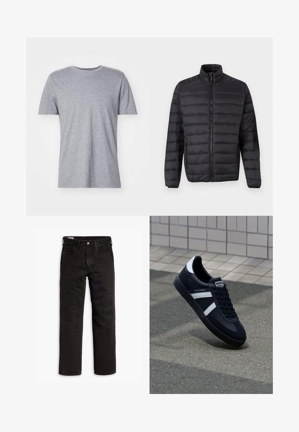 Sort quiltet dunjakke med vandrette syninger, forlynlås, høj krave og lynlåslommer i siden på en ensfarvet baggrund.; Grå, kortærmet t-shirt lavet af en bomuldsblanding, der har en klassisk crew neckline og en glat, blød tekstur.; Sorte lige bukser i denim med fem lommer, knaplukning og bæltestropper, lagt fladt ud på en hvid baggrund.; Sort lædersneaker med hvide striber, tekstureret gummisål og snørrebånd foran. Har et brandet mærke på tungen.