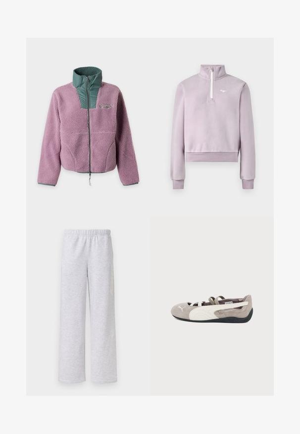 Μωβ μπουφάν Sherpa fleece με πράσινο καπιτονέ γιακά και φερμουάρ στο στήθος, μακριά μανίκια και διακριτικό λογότυπο στο αριστερό μέρος του στήθους.; Λεβαντίνα φλις πόλο με μισό φερμουάρ μπροστά, ψηλό γιακά, ριμπ περι cuffs και στρίφωμα, και μικρό λευκό λογότυπο στο στήθος, τοποθετημένο στο πλάι σε λευκό φόντο.; Ανοιχτό γκρι φαρδιά φόρμα με ελαστική μέση και διακριτικό πλαϊνό γραφικό σε λευκό φόντο.; Μπαλαρίνα από ανοιχτό καφέ σουέντ με λευκό λογότυπο Puma, λευκή πλαϊνή ρίγα, ελαστικές λωρίδες και μαύρη λαστιχένια σόλα.