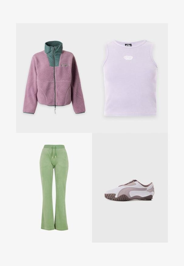 Veste polaire sherpa violette avec col matelassé vert et fermeture éclair poitrine, manches longues et logo discret sur le côté gauche de la poitrine.; Crop top sans manches côtelé de couleur violet clair avec un petit logo blanc brodé au centre près de l'encolure.; Pantalons évasés en velours vert avec une taille élastique, dotés de cordons de serrage à l'avant et d'une broderie de logo discrète sur la cuisse.; Chaussure de sport gris clair avec une tige en daim souple, une semelle en caoutchouc dotée de pointes texturées et un design flexible. Logo latéral dans une teinte plus foncée.