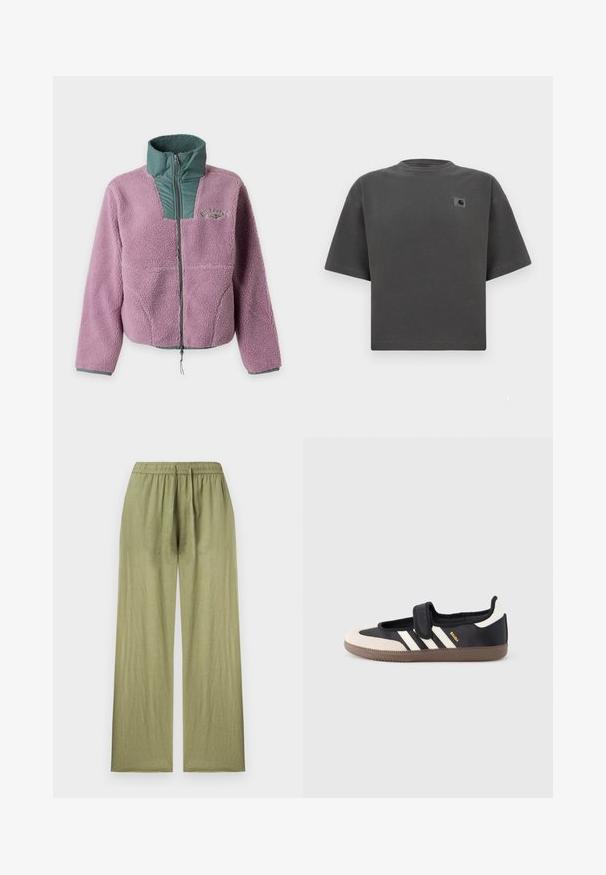 Veste polaire sherpa violette avec col matelassé vert et fermeture éclair poitrine, manches longues et logo discret sur le côté gauche de la poitrine.; T-shirt ample à manches courtes de couleur gris foncé, avec col rond et petite étiquette logo Carhartt sur la poitrine gauche.; Pantalon large en lin vert olive clair avec taille élastique et coupe décontractée présenté sur fond uni.; Baskets noires et beiges avec une bride en velcro, trois bandes blanches sur le côté, et une semelle en caoutchouc marron texturée. Logo de la marque visible.