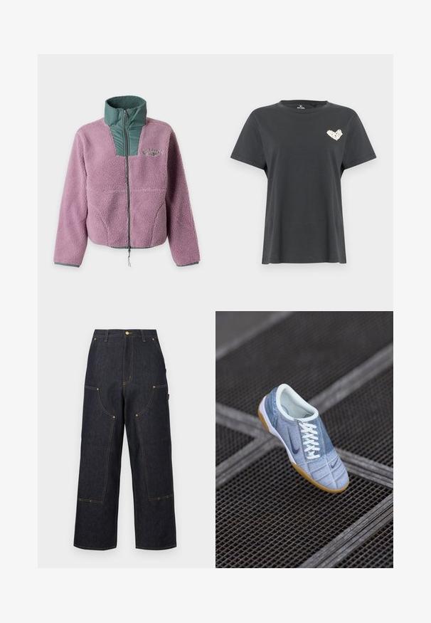 Μωβ μπουφάν Sherpa fleece με πράσινο καπιτονέ γιακά και φερμουάρ στο στήθος, μακριά μανίκια και διακριτικό λογότυπο στο αριστερό μέρος του στήθους.; Μαύρο κοντομάνικο μπλουζάκι με στρογγυλή λαιμόκοψη και μικρό λευκό σχέδιο σε σχήμα καρδιάς στο αριστερό στήθος.; Σκουρό μπλε παντελόνι τζιν με φαρδιά πόδια, πολλαπλές μπροστινές τσέπες, αντίθετη πορτοκαλί ραφή και κούμπωμα με κουμπί στη μέση.; Ανοιχτό μπλε τζιν αθλητικά παπούτσια με λευκές κορδόνες και σκούρους μπλε τονισμούς, διαθέτοντας στρογγυλή μύτη και σόλα από καουτσούκ γυαλιστερού χρώματος. Υφή επιφάνειας με λεπτομέρειες ραφής.