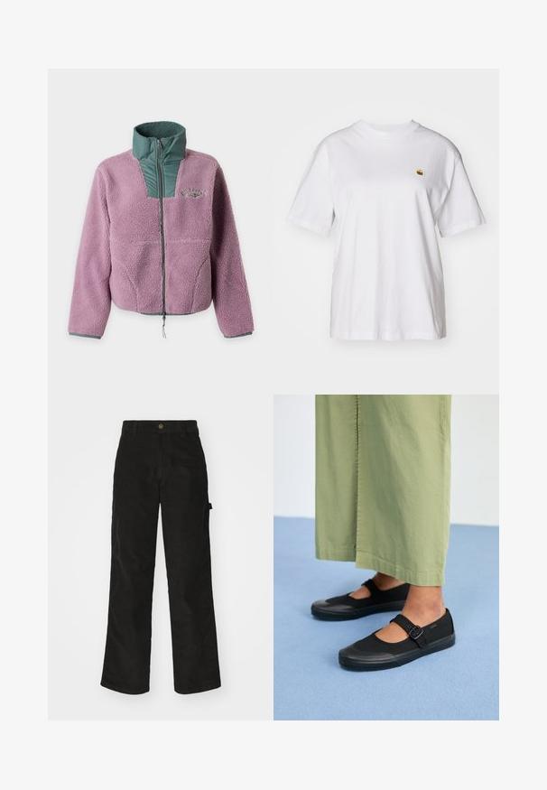 Lila Sherpa-Fleecejacke mit grünem gesteppter Kragen und Brustreißverschluss, langen Ärmeln und diskretem Logo auf der linken Brustseite.; Weißes Baumwoll-T-Shirt mit lockerem Schnitt, kurzen Ärmeln und einem kleinen gestickten Logo auf der linken Brustseite.; Schwarze Cordhosen mit geradem Schnitt, ausgestattet mit einem Knopfverschluss und einer Seitenlasche. Glatte Textur mit feinen verticalen Streifen.; Schwarze Leinenschuhe mit runder Spitze, Gummisohle und einer Schnallenriemen. Kombiniert mit lockeren, hellgrünen Hosen.