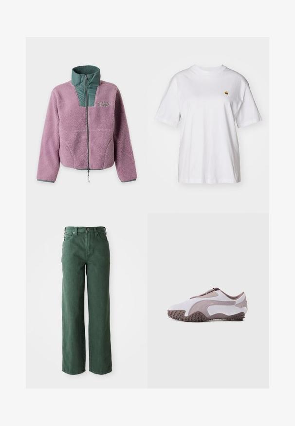 Μωβ μπουφάν Sherpa fleece με πράσινο καπιτονέ γιακά και φερμουάρ στο στήθος, μακριά μανίκια και διακριτικό λογότυπο στο αριστερό μέρος του στήθους.; Λευκό βαμβακερό μπλουζάκι με χαλαρή εφαρμογή, κοντά μανίκια, και ένα μικρό κεντητό λογότυπο στην αριστερή περιοχή του στήθους.; Πράσινα προσφυγή τζιν παντελόνια από τζιν. Διαθέτουν ψηλή μέση, ίσια πόδια, μπροστινές τσέπες και μεταλλικό κουμπί κλεισίματος.; Αθλητικό παπούτσι ανοιχτού γκρι χρώματος με απαλό επάνω μέρος από σουέντ, λαστιχένια σόλα με υφή αγκίστρων και ευέλικτο σχεδιασμό. Λογότυπο στο πλάι σε πιο σκούρη απόχρωση.