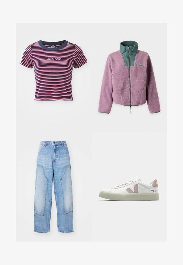 Chaqueta de forro polar sherpa morada con cuello acolchado verde y cremallera en el pecho, mangas largas y logo discreto en el lado izquierdo del pecho.; Camiseta de manga corta a rayas en azul marino, rojo y rosa. Presenta un cuello en azul marino sólido y un logotipo bordado de "SANTA CRUZ" en la parte frontal.; Pantalones de mezclilla anchos de color azul claro con dos grandes bolsillos frontales, cierre de botón y un ligero desgaste. Detalles de costura en los bolsillos.; Zapatilla blanca con parte superior de cuero texturizado, acentos de logo en rosa y suela de goma verde claro. Cuenta con un diseño minimalista y cierre con cordones.