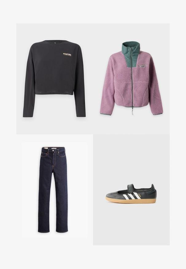 Veste polaire sherpa violette avec col matelassé vert et fermeture éclair poitrine, manches longues et logo discret sur le côté gauche de la poitrine.; T-shirt à manches longues coupé en coton gris foncé, avec un petit logo Rip Curl multicolore sur la poitrine et une coupe décontractée.; Jean en denim droit bleu foncé avec cinq poches et coutures orange visibles sur un fond blanc.; Sneaker en cuir noir et suède avec une sangle Velcro, arborant trois bandes blanches et une semelle en caoutchouc, étiqueté "SAMBA" sur le côté.