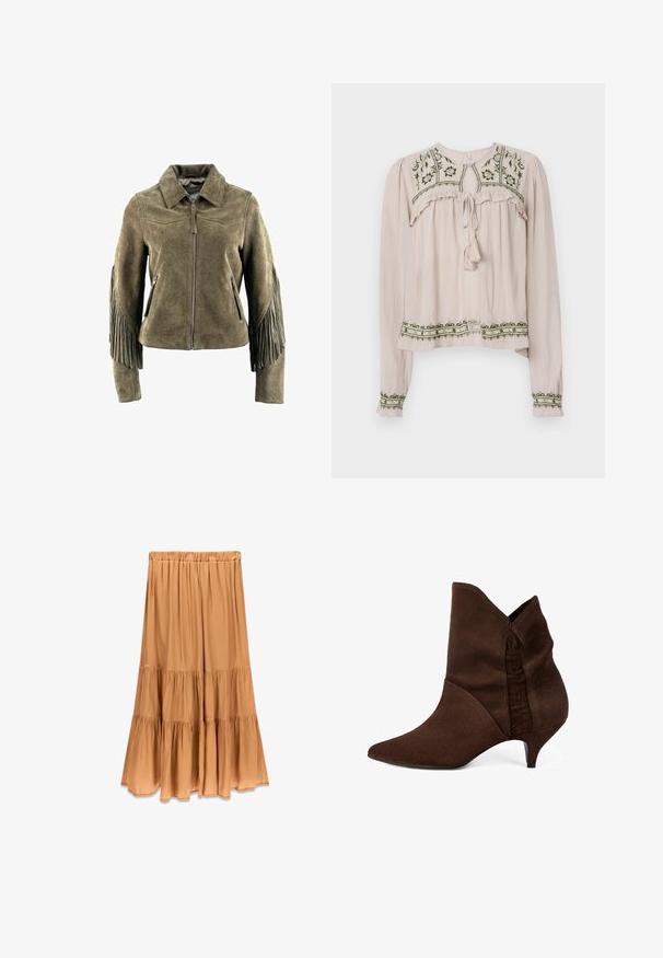 Veste en daim vert olive avec des franges sur les manches, des poches avant zippées et un col pointu, présentant une texture lisse.; Blouse rose clair à manches longues avec des accents froncés, broderie florale verte sur le devant et l'ourlet, et un col noué avec un gland.; Jupe longue à volants couleur chameau avec taille élastique et sections de tissu froncées créant une silhouette fluide.; Bottine en suède marron avec un talon moyen, un bout pointu et des détails de couture subtils. Texture lisse et design ajusté.