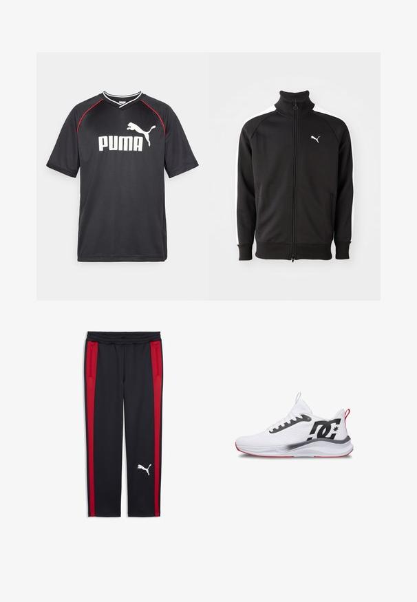 Čierna zip-up bunda vyrobená z hladkej látky, s bielymi bočnými pruhmi a vysokým golierom, s malým bielym logom Puma na hrudi.; Čierne športové tričko Puma s krátkymi rukávmi, biele logo, červené akcenty na pleciach a výstrih v tvare V. Vyrobené z ľahkého materiálu.; Čierne športové nohavice s červenými bočnými pruhmi, elastickým pásom a vreckami na zips. Na dolnej časti nohavice je biele logo.; Biely športový teniska s čiernym logom DC na boku, sieťovinový zvršok, červené detaily na päte a podrážke a bielymi šnúrkami.