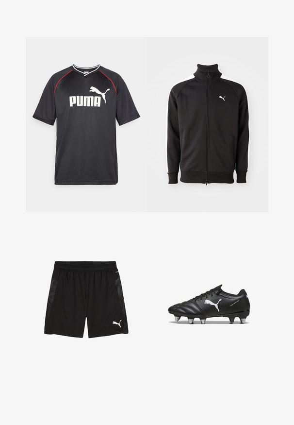 Sort zip-jakke lavet af glat stof, med hvide sidestriber og høj krave, samt et lille hvidt Puma-logo på brystet.; Sort Puma sportstrøje med korte ærmer, hvidt logo, røde detaljer langs skuldrene og v-udskæring. Fremstillet af letvægtsmateriale.; Sorte sports shorts med elastisk talje, med sidelommer og et struktureret panelmønster i mørkegrå. Hvidt logo accent.; Sorte fodboldstøvler med tekstureret materiale, hvidt Puma-logo, snørebåndslukning og metalstifter for godt greb. Designet understreger ydeevne og støtte.