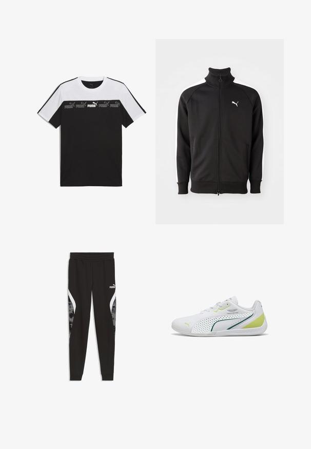 Sort zip-jakke lavet af glat stof, med hvide sidestriber og høj krave, samt et lille hvidt Puma-logo på brystet.; Sort og hvid kortærmet T-shirt lavet af bomuld, med et iøjnefaldende PUMA-logo i midten og et tekstureret design over brystet.; Sorte Puma træningsbukser med elastisk linning, hvide buede striber og sorte og grå camouflagepaneler på siderne, smalle ben med manchetter.; Hvid Puma sneaker med grønne og gule accenter, Aston Martin Formula One Team logo, snørebånd og lavprofilssål.